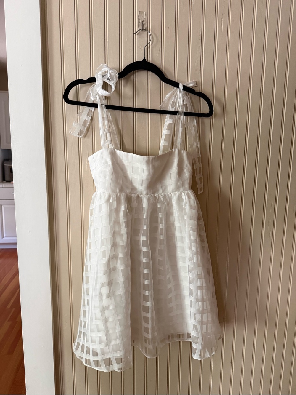 White Check Organza Party Dress with Tie Straps